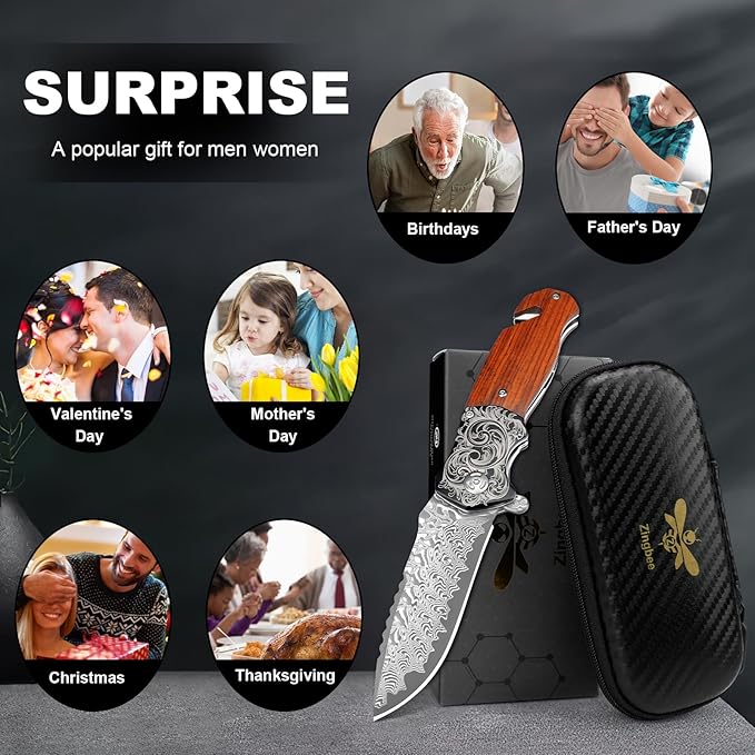 Zingbee Pocket Knife with Glass Breaker EDC Damascus Folding Knife with Seatbelt Cutter 3.35 VG10 Damascus Steel Blade Multitool Pocket Knives with Wood Handle