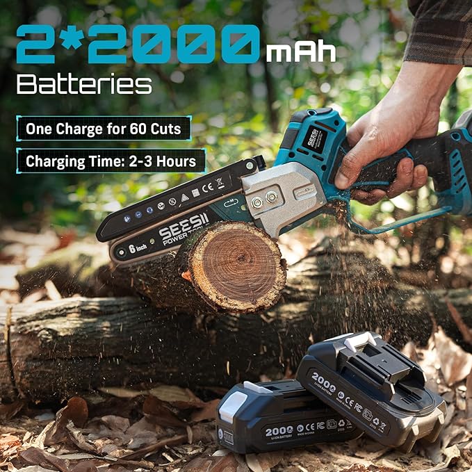SEESII Brushless Mini Chainsaw 6 Inch Handheld Saw with 2 * 2000 mAh Batteries Cordless Chainsaw with Automatic Oiler Compatible with Makita 18V Battery Electric Saw for Tree Limb Branch Cutter