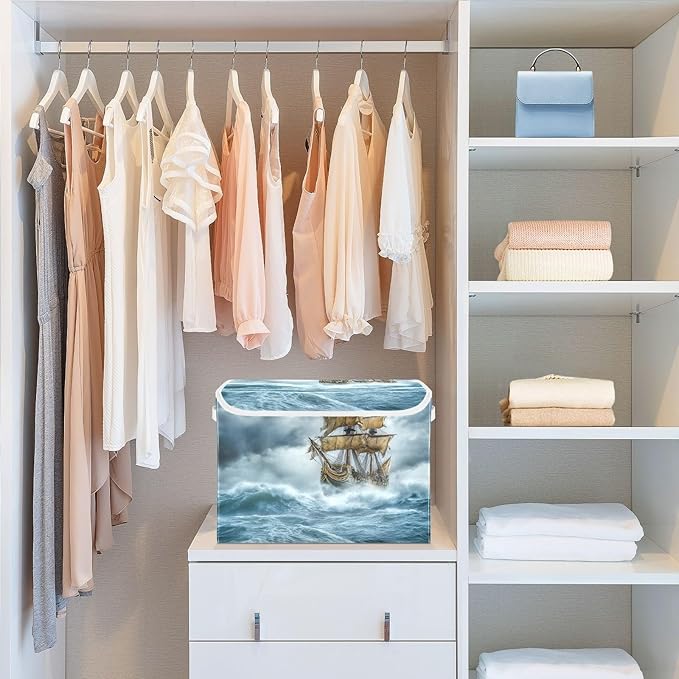 Sea Ship Storm Large Linen Storage Bins with Lid &amp Handle Foldable Storage Cubes Organizer Box Basket with Flip-Top Lid for Home Office 16.5” x 12.6” x 11.8”