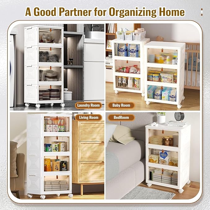 CTSNSLH 4 Tier Plastic Storage Bins and Boxes Organizer - Stackable with Lids for Bedroom Living Room Office - Foldable Containers