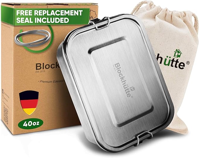 Blockhütte Stainless Steel Lunch Box for Adults I 40oz I with free Sealing I Metal Bento Box with 3 Compartments Leak-Proof Lunch Container Metal Food Storage for Travel Work Eco-Friendly