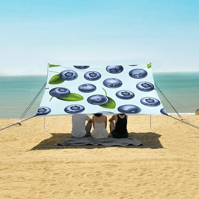 xigua Blueberry Beach Tent Sun Shelter with Carrying Bag - Silver Coated Oxford Fabric Beach Canopy for Beach Camping Fishing - Includes Windproof Ropes Sandbags &amp Stakes