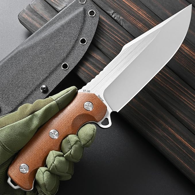 Sitivien ST30 Fixed Blade Knife Sleipner Brushed Steel Blade Micarta Handle Full Tang EDC Straight Knife for Camping Hunting Fishing(Brown)