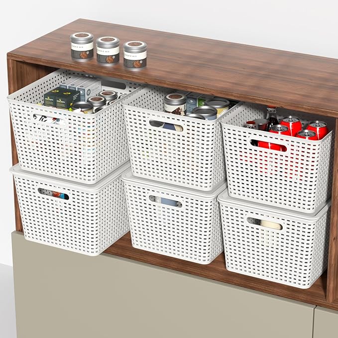 Begale White Plastic Storage Baskets with Lids 14 x 11.6 x 8.7 6 Packs Stackable Storage Bins Containers for Organizing