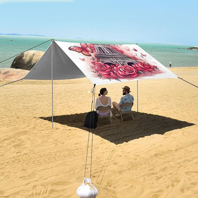 ALAZA Eiffel Tower with Roses Butterfly Beach Tent Sun Shelter Portable Canopy Sunshade for Outdoor Camping Picnics Backyard Fun 10x9 ft