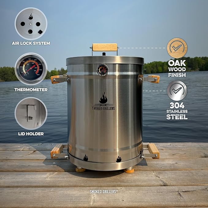 Barrel Smoker Grill Combo | 100% 304 Stainless Steel Barrel | 95% Less Smoke Even Heat | Easy to Use &amp Clean – Vertical Smoker Ideal for Balconies and Backyards (MEDIUM-25 LBS)