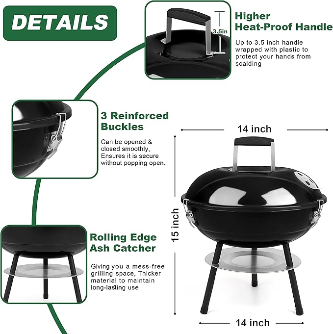 14 inch Charcoal Grill Joyfair Small Portable BBQ Grill with Locking Lid for Outdoor Camping/Patio/Backyard Barbecue/Tabletop Cooking Enamel Coated &amp Dual Vent System (Black)