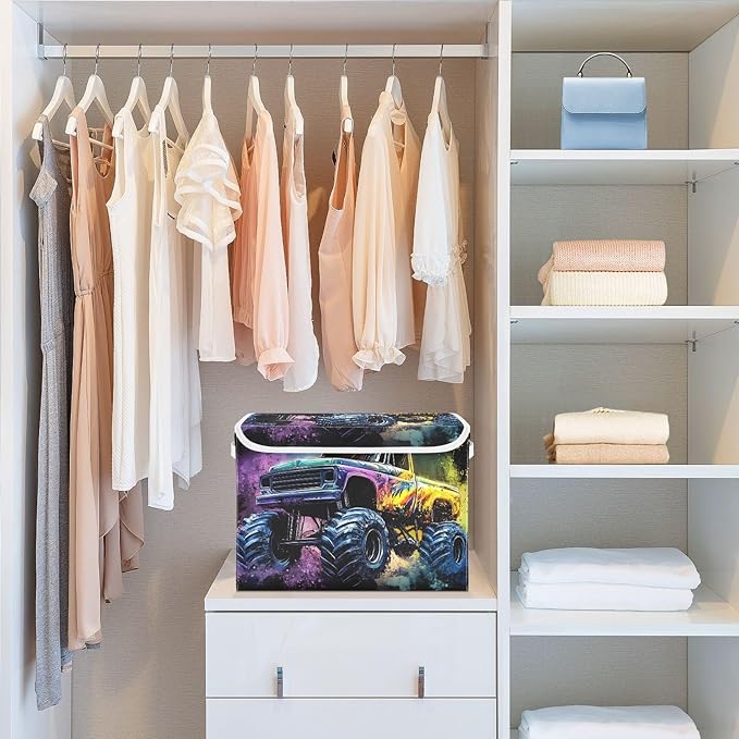 Watercolor Monster Truck Storage Cube Bins Basket with Lid Collapsible Flip-top Fabric with Handle for Home Bedroom Closet Office 16.5×12.6×11.8 in