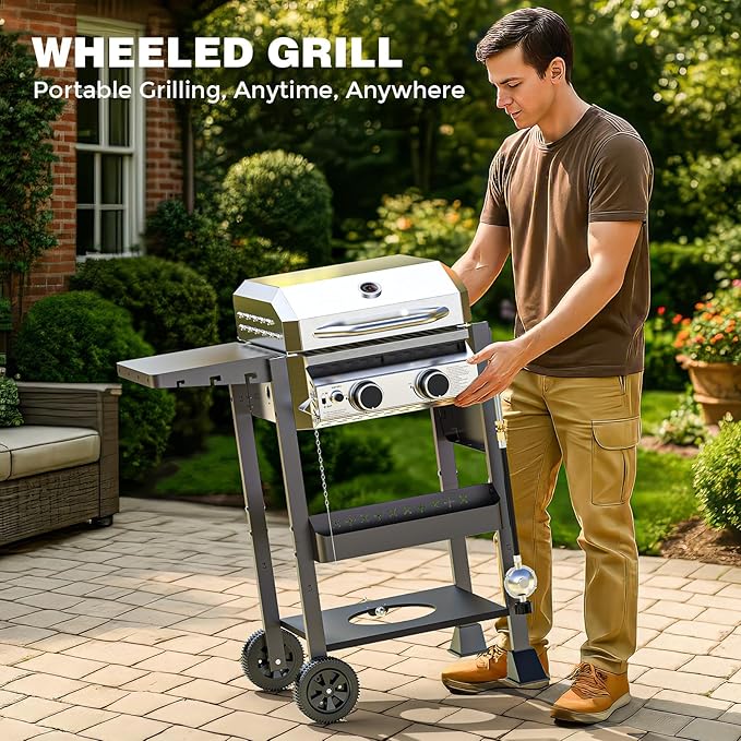 ‌2-Burner Gas Grill Stainless Steel 16000 BTU BBQ Grill with Foldable Side Shelves &amp Storage Shelf – Ideal Propane Grill for Outdoor Barbecues Patio Gatherings and Camping