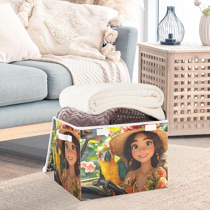 AIXIWAWA Lidded Storage Cube (Tropical Lady Parrot) Fabric Foldable Closet Bins with Flip Lid and Handles Organizer Basket Container 16.5 x 12.6 x 11.8 IN