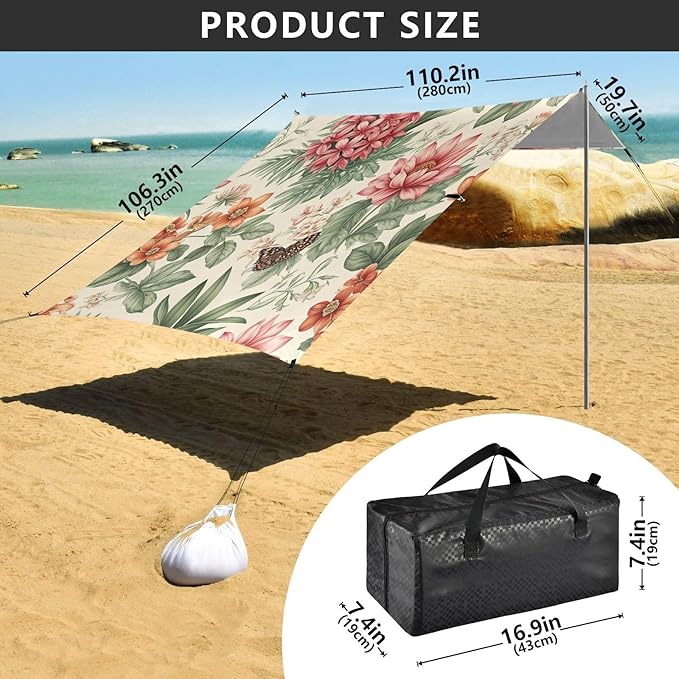 Tropical Botanical Floral Beach Tent Sun Shelter Set UPF50+ UV Protection 10.5 x 9.19 FT Camping Shade Canopy with Sandbags Sand Anchors Carrying Bag and Others