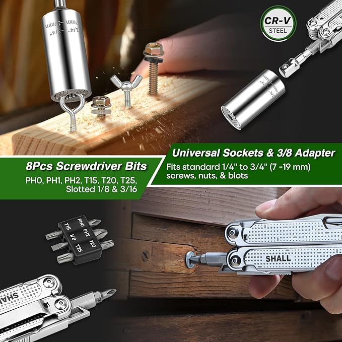 SHALL Multi Tool 18-in-1 Multitool Pliers Stainless Steel Multi-tool Pocket Knife w/Screwdriver Bit &amp Universal Socket Self-locking Multipurpose Tool w/Sheath for Camping Fishing Survival Hunti