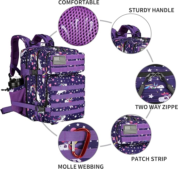Lovelinks21 25L Tactical Military Backpack Small Travel Rucksack for Men and Women Assault Pack Bug Out Bag Molle Daypack Gym Backpack with Bottle Holder (Purple Pony)