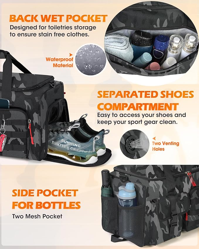 RAINSMORE Gym Bag for Men 45L Sports Travel Duffel Bag with Shoe &amp Laptop Compartment Gym Workout Backpack Carry On Weekender Bag Overnight Backpack for Travel Black Camo