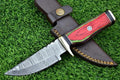 8-Inch Hand-Forged Damascus Steel Hunting Knife Fixed Blade Skinning Design with Leather Sheath Multicolor Wood Handle Brass Guard Twist Pattern Blade for Camping (Red/Green)