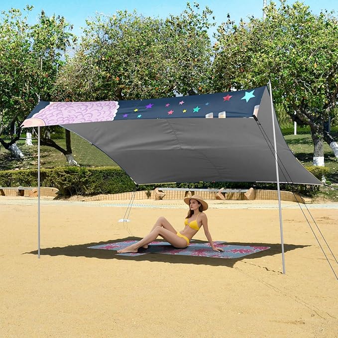 Beach Canopy with Windproof Ropes &amp Sandbags Beach Tent Sun Shade Sun Shelter for Camping Trips Fishing Backyard Fun or Picnics Sheep