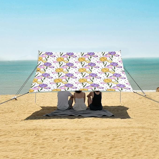 ALAZA Iris Flower Polka Dots Beach Tent Sun Shelter UPF50+ Protection Beach Shade Canopy w/ 4 Sandbags for Outdoor Camping Fishing Backyard Fun Picnic 10x9 ft
