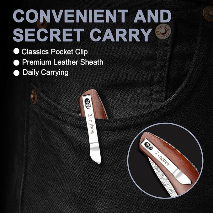Zingbee Damascus Pocket Knife with Sheath 3.35 Damascus Steel Blade Knife with Wooden Handle EDC Pocket Knives &amp Folding Knives for Outdoor Camping Ideal Gifts for Men Women