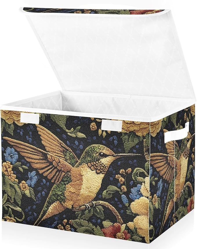 Storage Cube with Lid Embroidery Hummingbird Print 16.5×12.6×11.8 IN Collapsible Large Capacity Foldable Storage Basket Bin Organizer