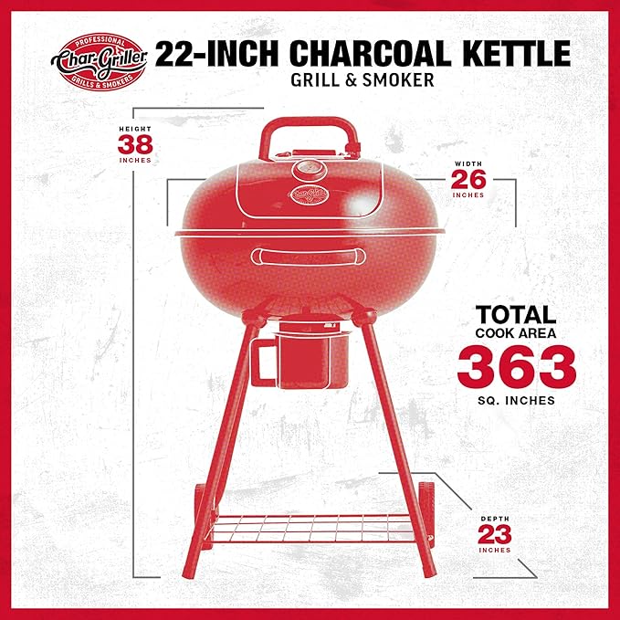 Char-Griller CG30040725 22-inch Kettle Charcoal Grill and Smoker - Steel Black - 363 sq. in. Cooking Area