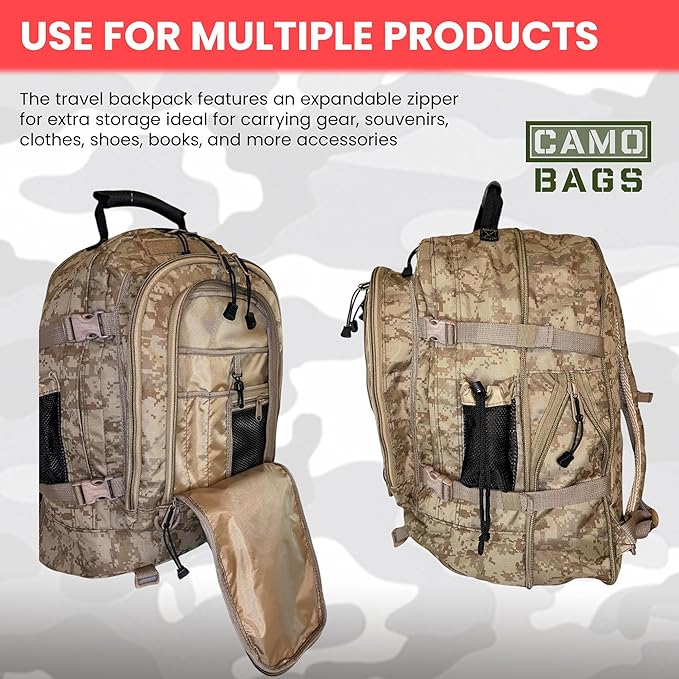 Camo Expandable Travel Backpack with 1000 Denier Cordura Polyester - Backpack For Men with Padded Straps &amp Multiple Compartments - Hiking Backpack for Campers Travelers with Large-Capacity Storag