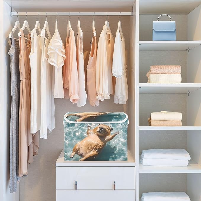 AIXIWAWA Lidded Storage Cube (Floating Capybara) Fabric Foldable Closet Bins with Flip Lid and Handles Organizer Basket Container 16.5 x 12.6 x 11.8 IN