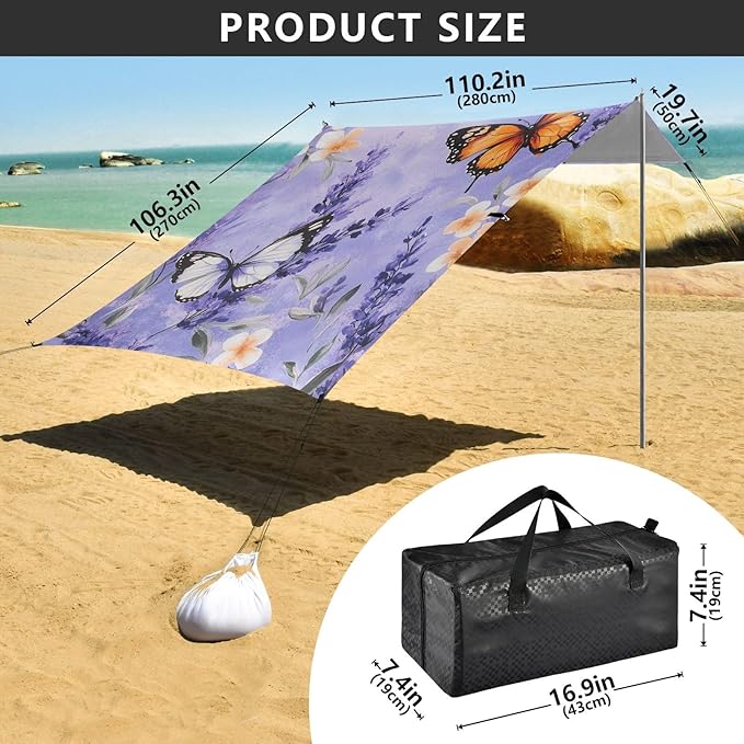 ALAZA Lavender Butterflies Spring Floral Beach Tent Sun Shelter Portable Canopy Sunshade for Outdoor Camping Picnics Backyard Fun 10x9 ft