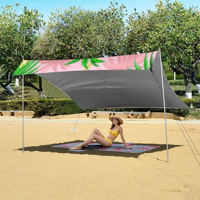 xigua Palm Tree Beach Tent Sun Shelter with Carrying Bag - Silver Coated Oxford Fabric Beach Canopy for Beach Camping Fishing - Includes Windproof Ropes Sandbags &amp Stakes