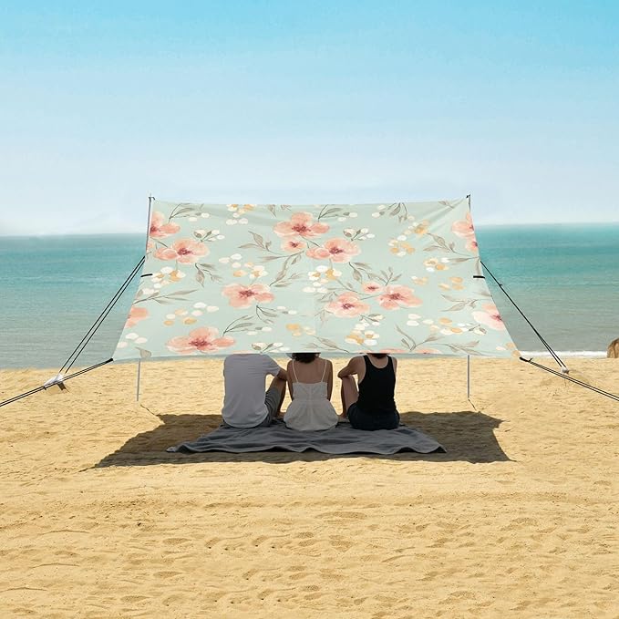 Watercolor Flower Beach Canopy Sun Shelter with Sandbags &amp Sand Shovel &amp Windproof Ropes - Portable 110x126 Beach Shade Beach Tent for Camping Picnics