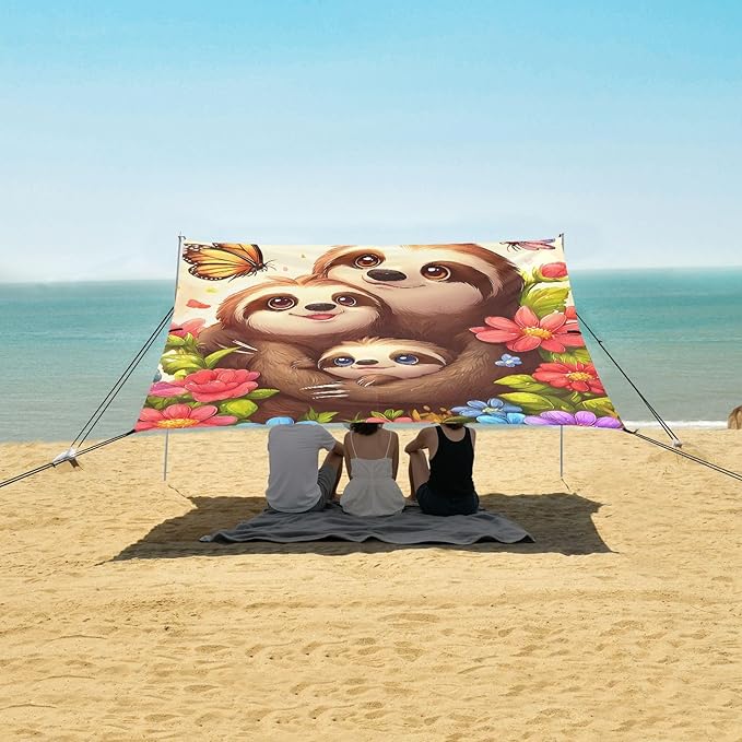 ALAZA Threes Sloths Butterfly Flower Beach Tent Sun Shelter Portable Canopy Sunshade for Outdoor Camping Picnics Backyard Fun 10x9 ft