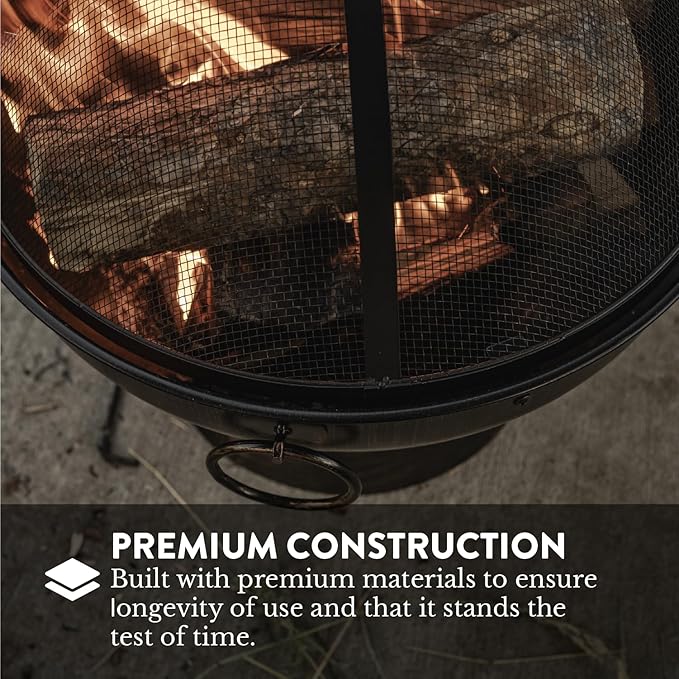 GasOne 22 in Round Outdoor Fire Pit - Wood Burning With Mesh Lid and Fire Picker - Durable Alloy Steel for Outside - Small for Backyard Porch Deck Camping BBQ