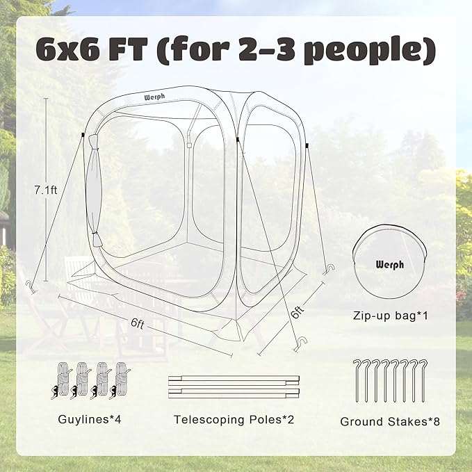 Werph 6x6 Pop Up Screen Tent Mosquito Net Gazebo UV Resistant Roof Waterproof Screen Canopy Quick Setup Outdoor Shelter for Backyard Patio Garden Picnic Camping and Events Green