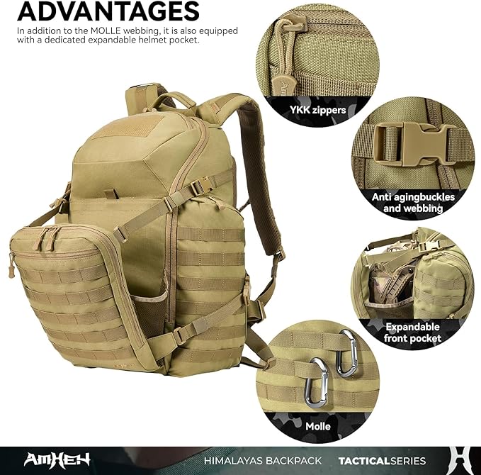 AMHEH 52L 1050D Tactical Backpack - 72 Hour Emergency Get Home Bug Out Bag with 17 Laptop and Helmet Pocket Heavy Duty Work Tan