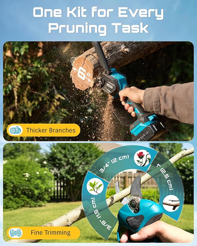 SEESII Mini Chainsaw &amp Electric Pruning Shears Combo 6-inch Brushless Handheld Power Chain Saw 1.2” Cutting Cordless Pruner for Tree Trimming Tools Kit with 2x2000mAh Batteries Fast Charger