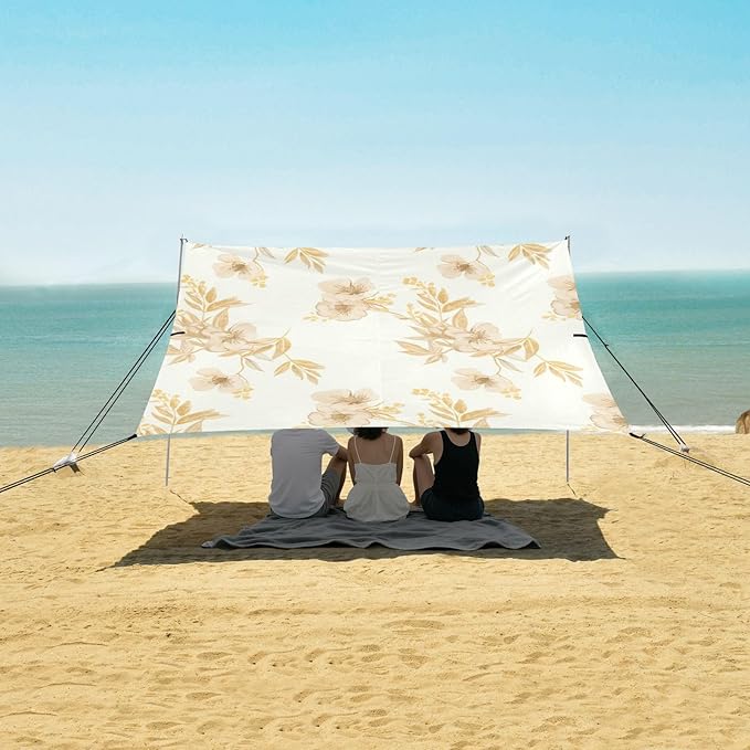 Beach Canopy with Windproof Ropes &amp Sandbags Beach Tent Sun Shade Sun Shelter for Camping Trips Fishing Backyard Fun or Picnics Flowers