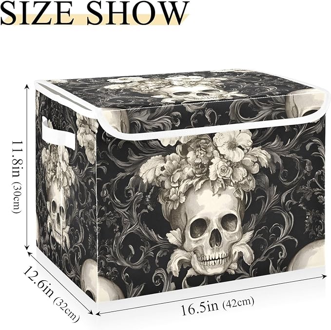 Storage Cube with Lid Retro Style Skulls Print 16.5×12.6×11.8 IN Collapsible Large Capacity Foldable Storage Basket Bin Organizer