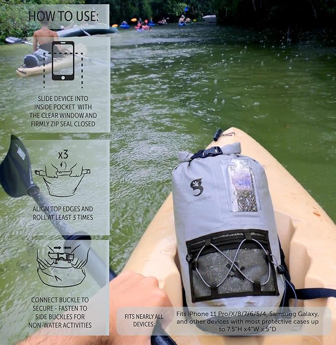 geckobrands Hydroner 20L Waterproof Dry Bag Backpack – Lightweight Roll-Top Bag with Clear Phone Pouch for Outdoor Activities