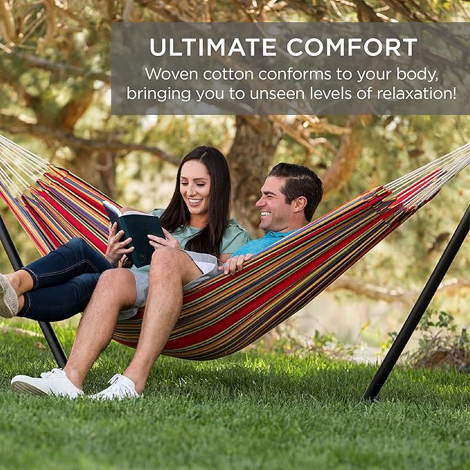 Best Choice Products Double Hammock with Steel Stand Indoor Outdoor Brazilian-Style Cotton Bed w/Carrying Bag 2-Person Capacity - Blue/Green Stripes