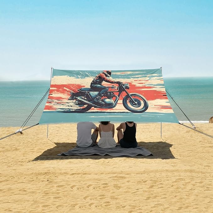 Cool Motorcycle Rider Beach Tent Sun Shelter Set UPF50+ UV Protection 10.5 x 9.19 FT Camping Shade Canopy with Sandbags Sand Anchors Carrying Bag and Others