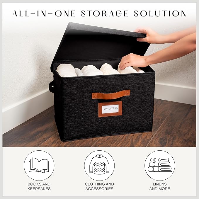 3 Pack Large Fabric Storage Boxes with Lids (15.75 x 11.25 x 11.25) - Decorative Bin with Lid Label Holder Faux Leather Handles - Large Storage Boxes for Organizing Clothes Blankets - Black