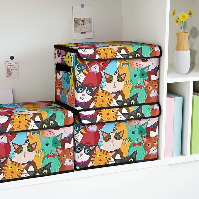 Stackable Clothes Storage Bins with LidsCloset Organizers Fabric Cat Printing Box for Home and OfficeBlanket Clothes OrganizersUnder Bed Storage Containers 3 Pack.