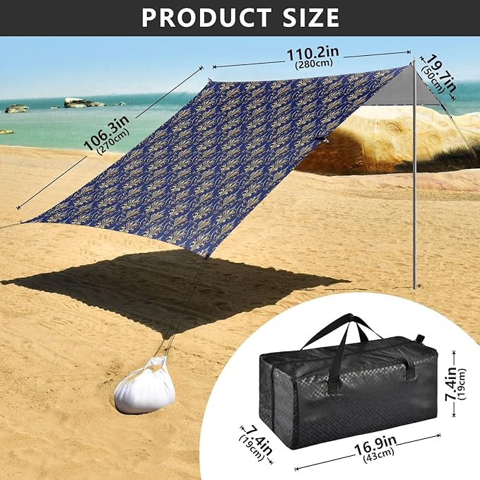 ALAZA Golden Damask Art Deco Floral Beach Tent Sun Shelter UPF50+ Protection Beach Shade Canopy w/ 4 Sandbags for Outdoor Camping Fishing Backyard Fun Picnic 10x9 ft