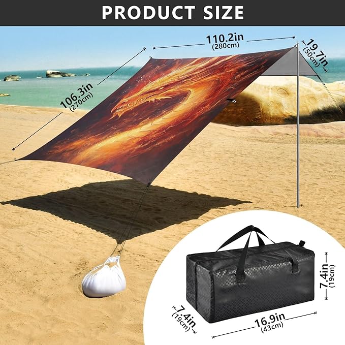 ALAZA Fire Dragon Beach Tent Sun Shelter UPF50+ Protection Beach Shade Canopy w/ 4 Sandbags for Outdoor Camping Fishing Backyard Fun Picnic 10x9 ft