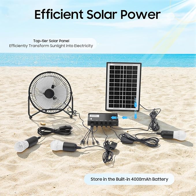 Solar Generator with Fan &amp Light Portable Solar Panel Kit for Outdoor Camping Emergency Greenhouse Shed Includes 3 Bulbs &amp 4000mAh Battery