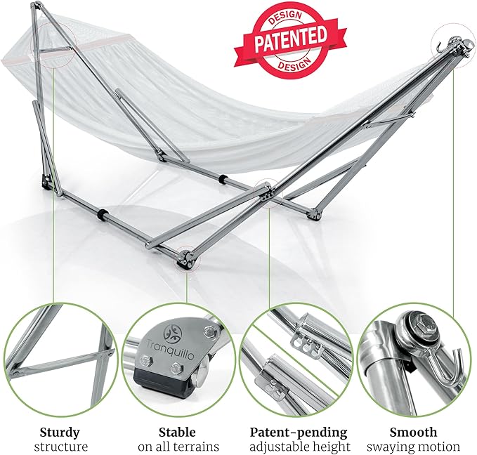 Tranquillo Double Hammock with Stand 650lb Capacity Double Hammock with Spreader Bar Solid Grade 201 Stainless Steel 30s Set Up Sturdy Flexible Hammock Stand Portable Outdoor Indoor Grey