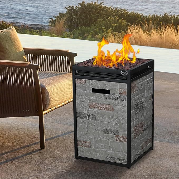 Afterglow Terrafab Grey Panels with Steel Frame 16 Square 40000 Btu Propane Fire Column Outdoor Wood Effect Fire Pit for Outdoor Patio Garden Backyard Decking Decor CSA Certificated
