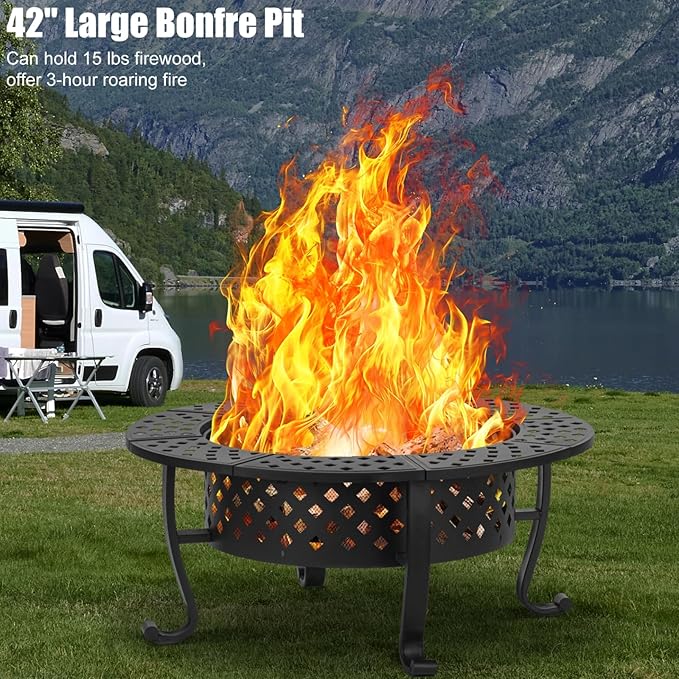 Panovue 42 Inch Fire Pit with 2 BBQ Grills Wood Burning Fire Pits for Outside with Lid &amp Fire Poker BBQ&amp Outdoor Firepit &amp Round Metal Table 3 in 1 for Patio Picnic Party