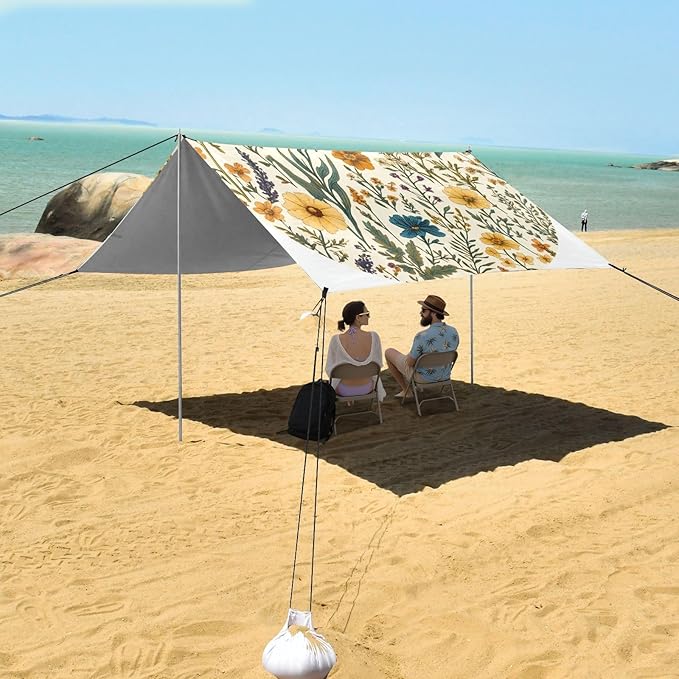 Spring Flowers Daffodil Iris Succulent Plants Beach Cabana Tent UPF50+ Easy Setup Shade Sun Shelter with Sand Shovel for Backyard and Camping