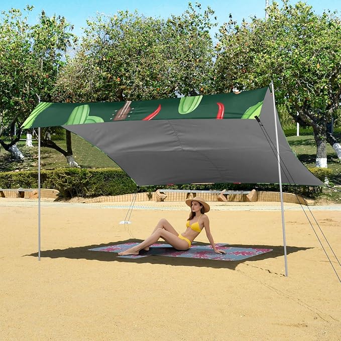 xigua Guitar Beach Tent Sun Shelter with Carrying Bag - Silver Coated Oxford Fabric Beach Canopy for Beach Camping Fishing - Includes Windproof Ropes Sandbags &amp Stakes