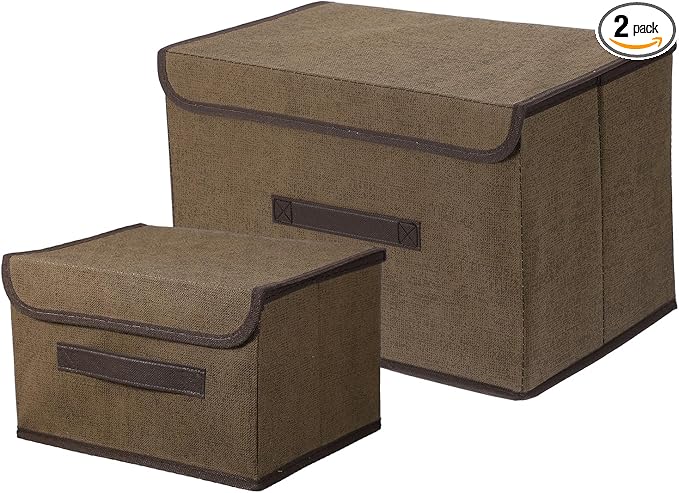 uxcell 2Pcs Storage Bin with Lid Fabric Foldable Box Decorative Storage Boxes with Lids for Keepsake Shelf Closet Nursery Home Bedroom(Brown S &amp L Size)